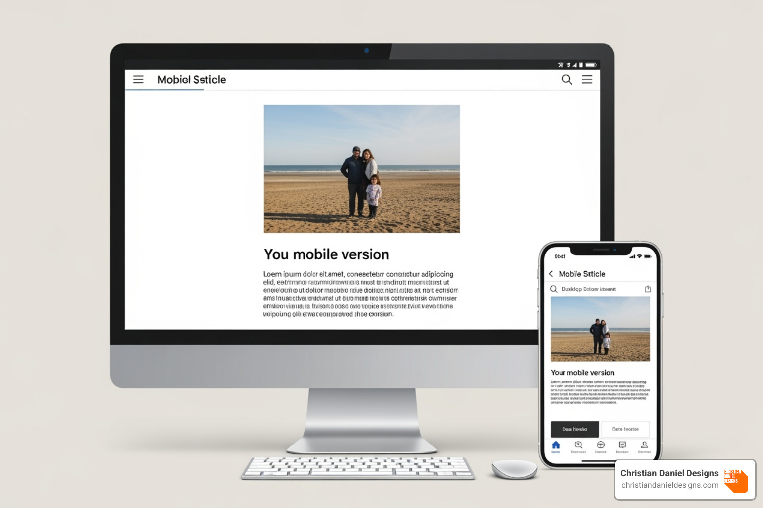 Content parity illustration showing a desktop screen and a mobile screen side-by-side, both displaying the same article content, images, and navigation elements, demonstrating that the mobile version is not stripped down but adapted. - mobile first indexing