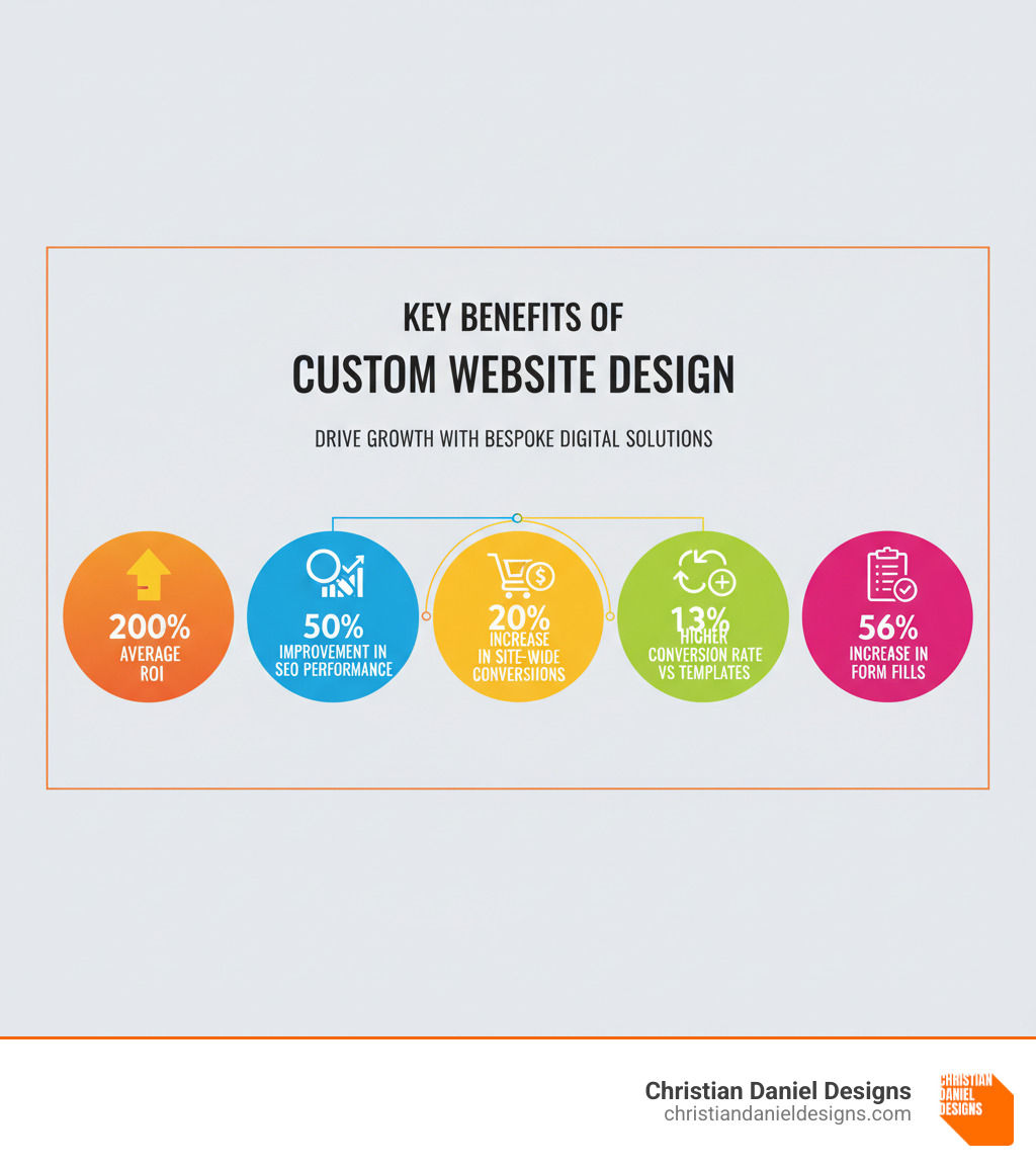 Infographic showing key benefits of custom website design: 200% average ROI, 50% improvement in SEO performance, 20% increase in site-wide conversions, 13% higher conversion rate vs templates, and 56% increase in form fills - custom website design infographic 