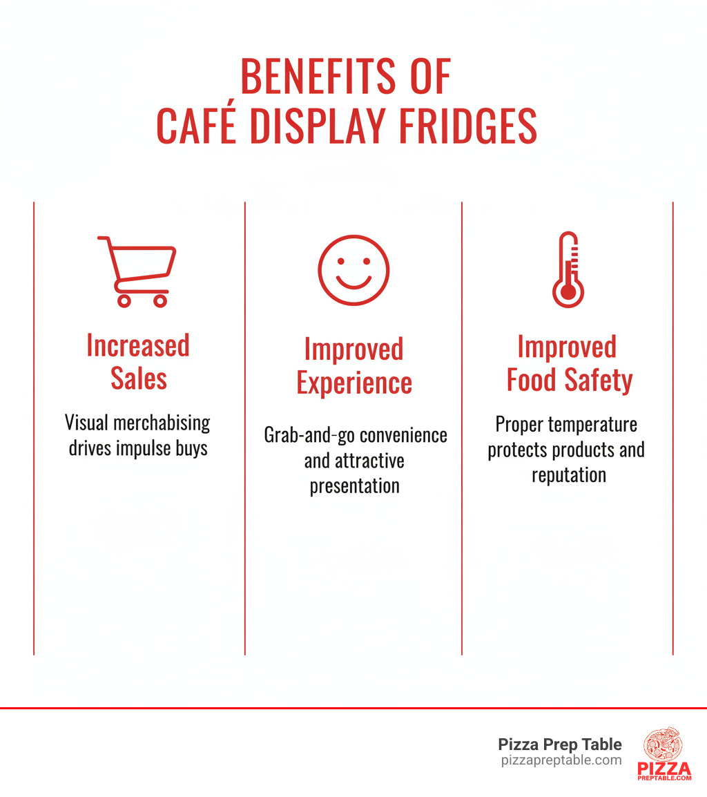 Infographic showing three main benefits of cafe display fridges: Left column shows "Increased Sales" with a shopping cart icon and "Visual merchandising drives impulse buys"; Center column shows "Improved Customer Experience" with a happy face icon and "Grab-and-go convenience and attractive presentation"; Right column shows "Improved Food Safety" with a thermometer icon and "Proper temperature control protects products and reputation" - display fridge for cafe infographic 