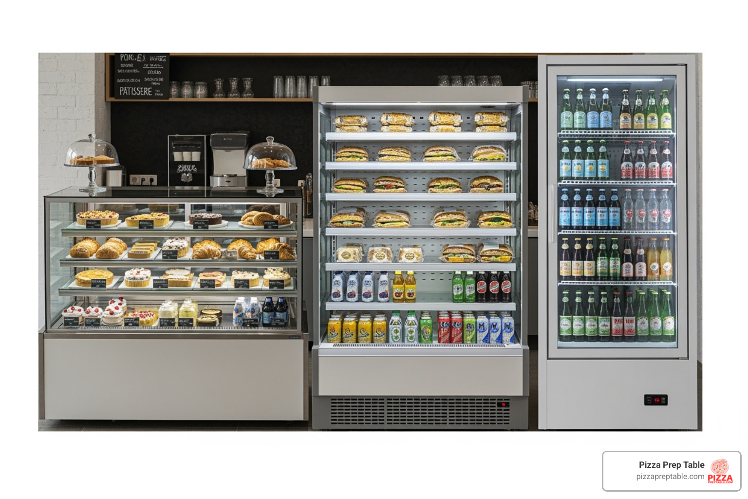 Three different display fridges side-by-side: a countertop patisserie case, a multideck open chiller, and an upright glass door merchandiser - display fridge for cafe