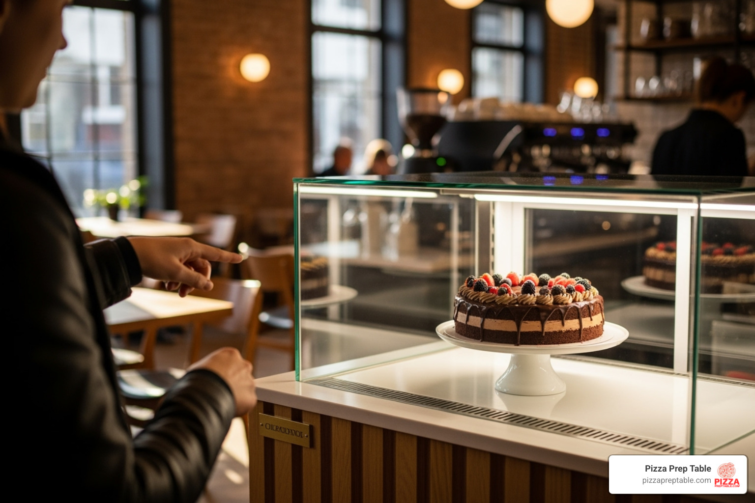 Customer pointing at a cake inside a countertop display fridge - display fridge for cafe