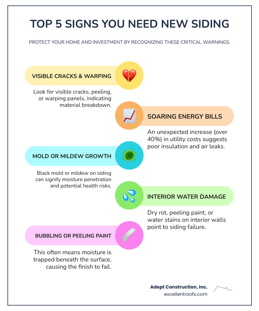 infographic showing top 5 signs you need new siding including visible cracks and warping, increased energy bills over 40 percent, black mold or mildew growth, dry rot or water damage on interior walls, and peeling paint or bubbling on siding surface - siding contractors naperville il infographic infographic-line-5-steps-colors infographic showing top 5 signs you need new siding including visible cracks and warping, increased energy bills over 40 percent, black mold or mildew growth, dry rot or water damage on interior walls, and peeling paint or bubbling on siding surface - siding contractors naperville il infographic infographic-line-5-steps-colors