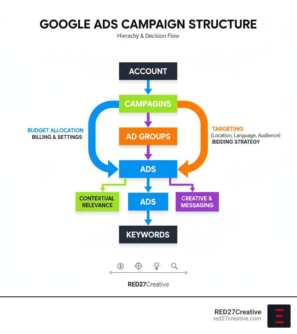 Infographic showing the Google Ads campaign structure hierarchy from Account level down through Campaigns, Ad Groups, Ads, and Keywords, with annotations showing how budget and targeting decisions flow down through each level - Google Ads campaign creation infographic Infographic showing the Google Ads campaign structure hierarchy from Account level down through Campaigns, Ad Groups, Ads, and Keywords, with annotations showing how budget and targeting decisions flow down through each level - Google Ads campaign creation infographic