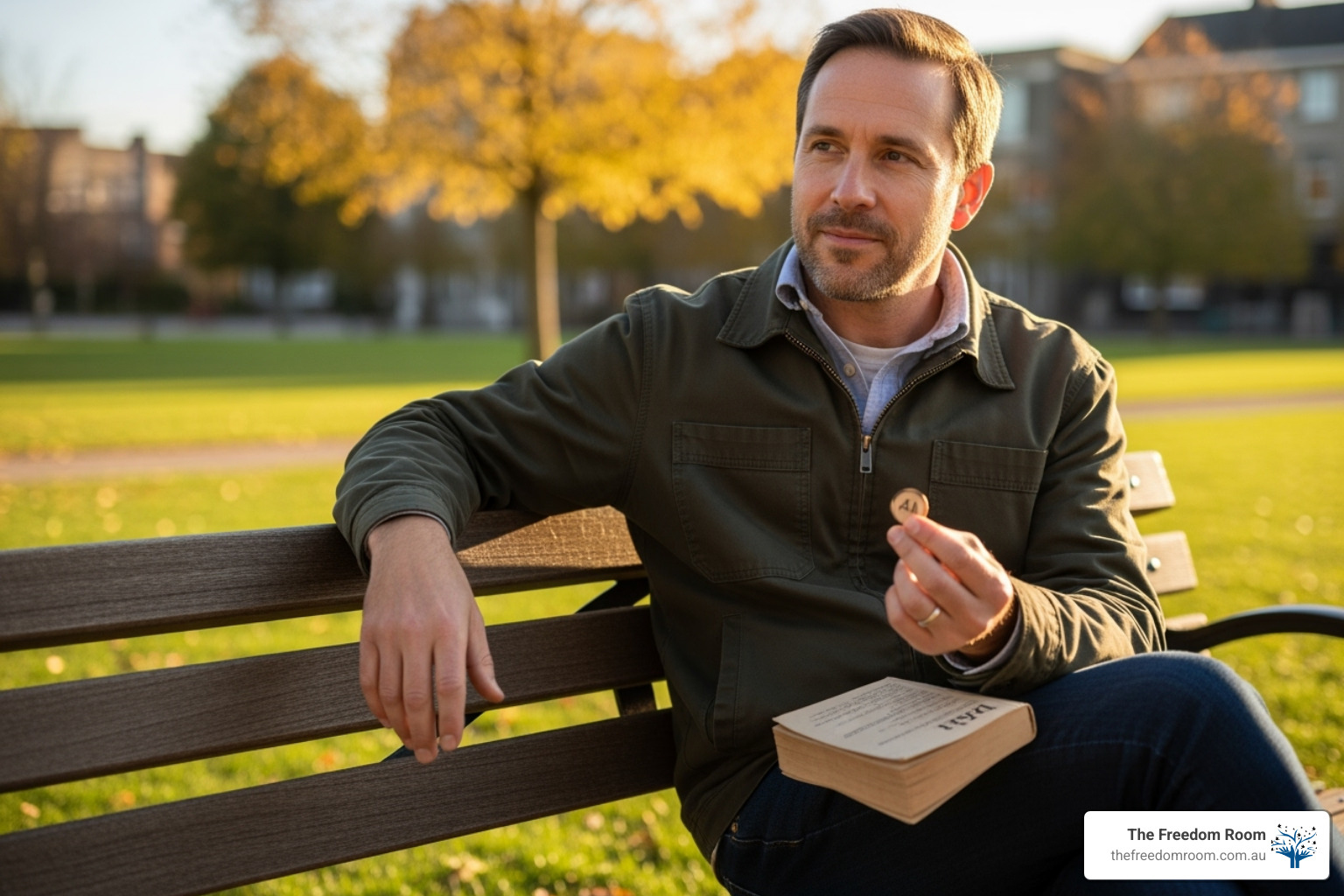  A sober man holds a sobriety chip on a park bench, reflecting on his journey toward sustained health and Long-term alcohol recovery in Carseldine.