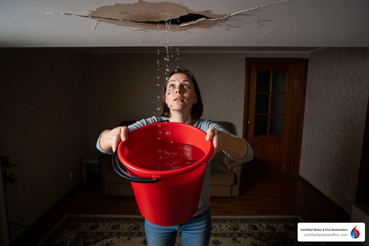 bucket catching water from ceiling - roof leak ceiling repair