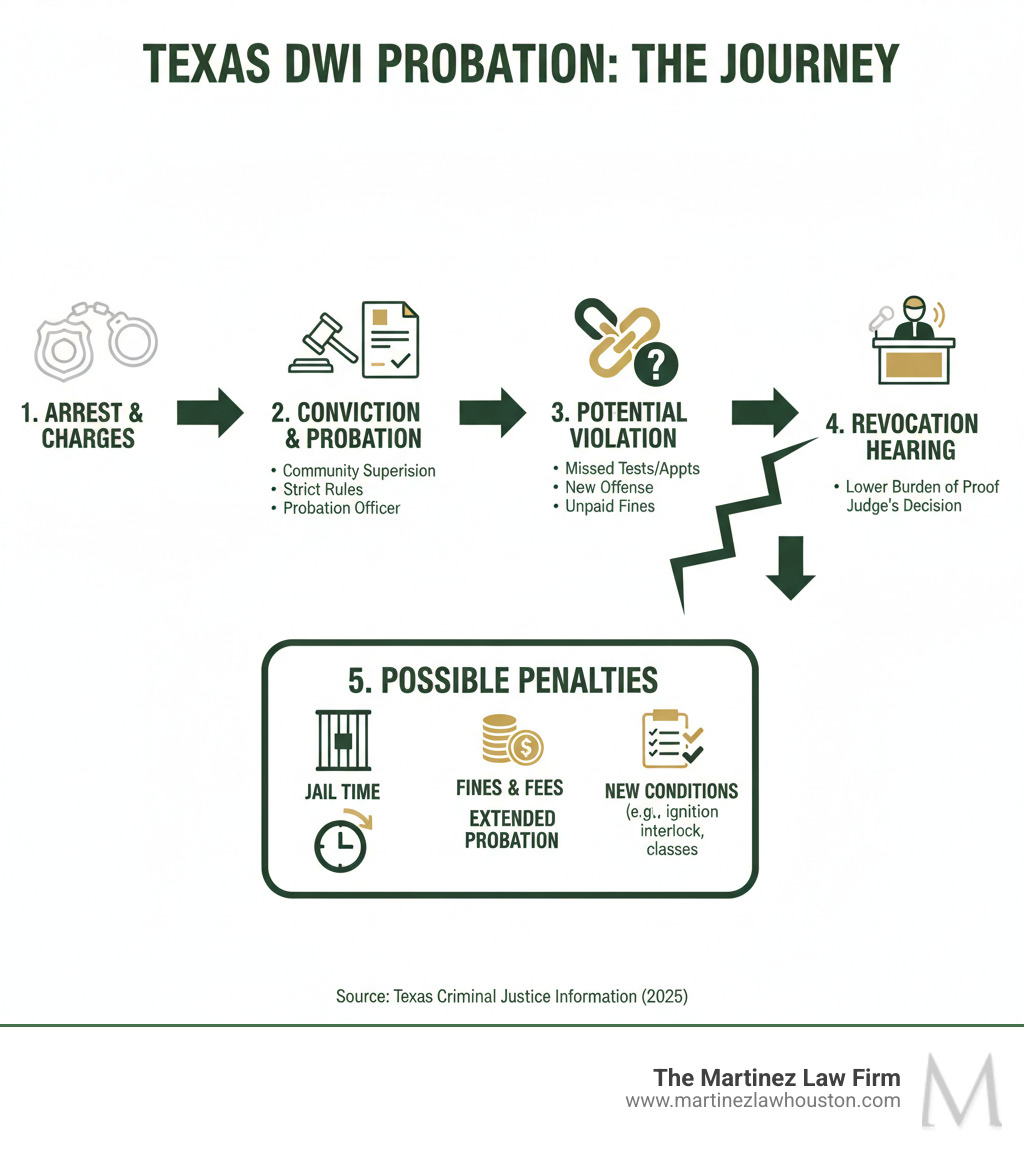 Infographic showing the progression from initial DWI arrest to conviction to probation to potential violation to revocation hearing to possible penalties including jail time, fines, extended probation, and additional conditions - dui probation violation texas infographic Infographic showing the progression from initial DWI arrest to conviction to probation to potential violation to revocation hearing to possible penalties including jail time, fines, extended probation, and additional conditions - dui probation violation texas infographic