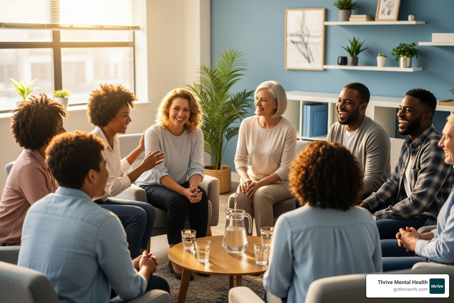 A diverse group of people engaged in a supportive, light-filled group therapy setting, smiling and interacting positively - mental health day program