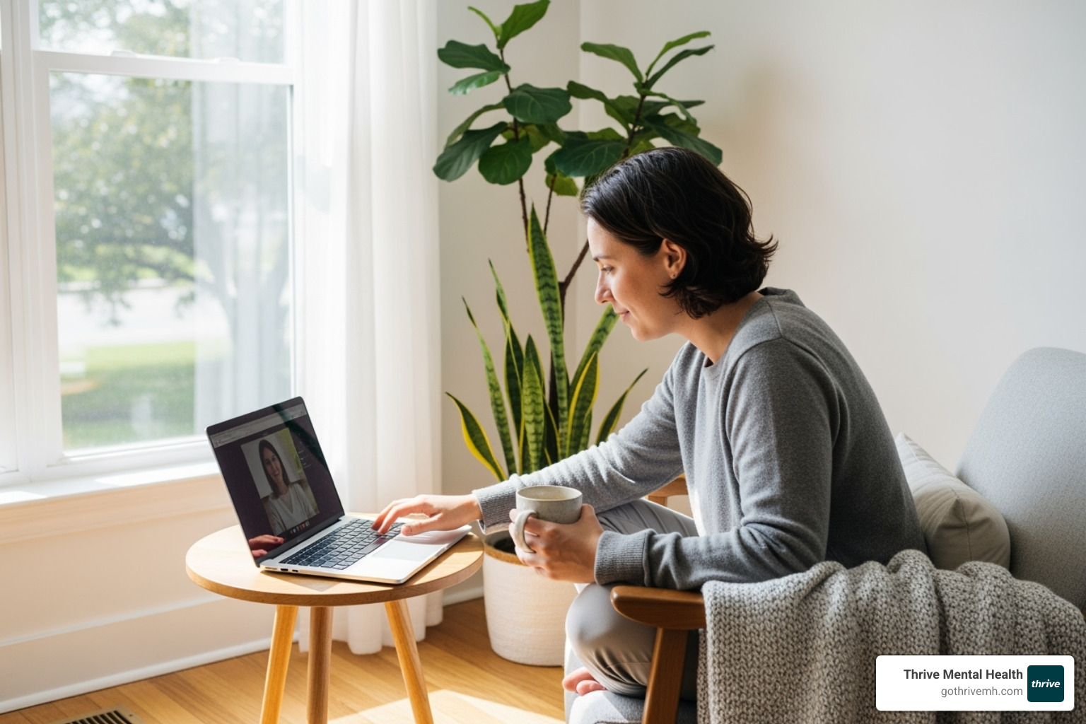 Person on laptop, possibly in a virtual therapy session, in a serene home environment - mental health day program