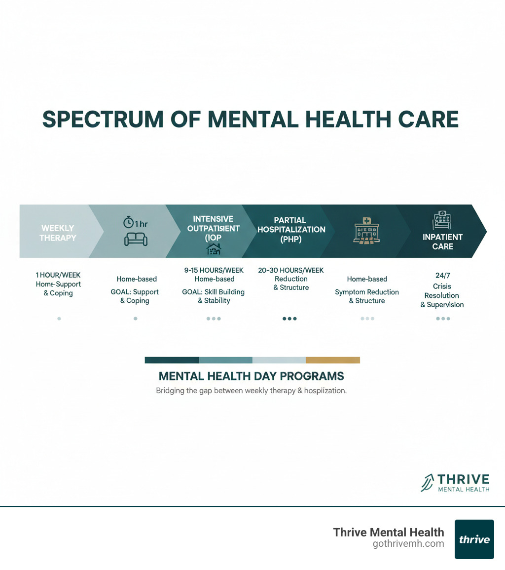 Infographic showing spectrum of mental health care: Weekly Therapy (1 hour/week, lowest intensity) → Intensive Outpatient/IOP (9-15 hours/week, home-based) → Partial Hospitalization/PHP (20-30 hours/week, home-based) → Inpatient Care (24/7, hospital-based, highest intensity). Each level shows time commitment, living situation, and primary goal. - mental health day program infographic 