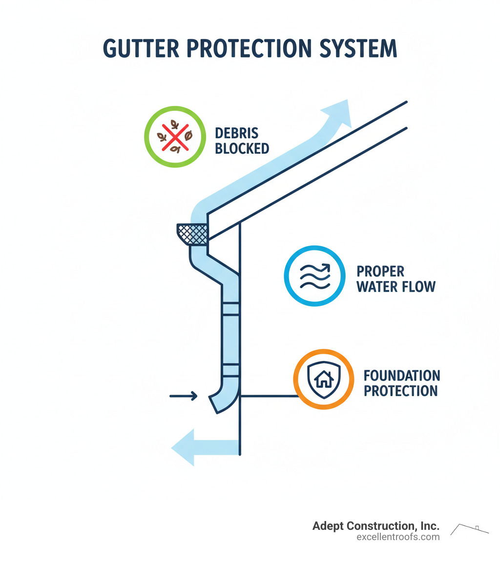 Infographic showing how water flows from the roof through a protected gutter system with guards installed, down the downspout, and away from the home's foundation, with callouts indicating debris being blocked, proper water flow maintained, and foundation protection - gutter guard installation downers grove infographic  Infographic showing how water flows from the roof through a protected gutter system with guards installed, down the downspout, and away from the home's foundation, with callouts indicating debris being blocked, proper water flow maintained, and foundation protection - gutter guard installation downers grove infographic