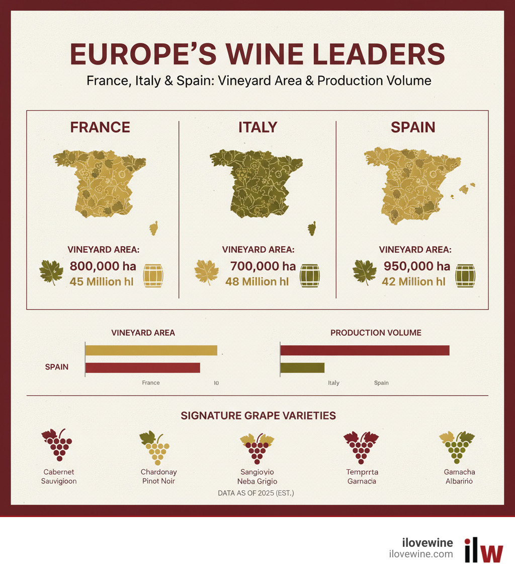 Infographic showing France, Italy, and Spain as the top 3 European wine-producing countries by total vineyard area and annual production volume, with visual comparisons of their signature grape varieties - European wine vacations infographic 