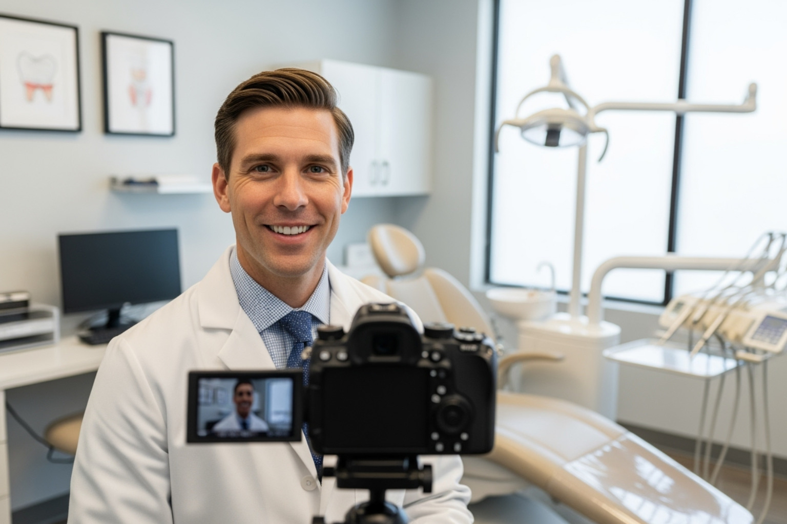 dentist smiling while recording a video - digital marketing strategies for dentists