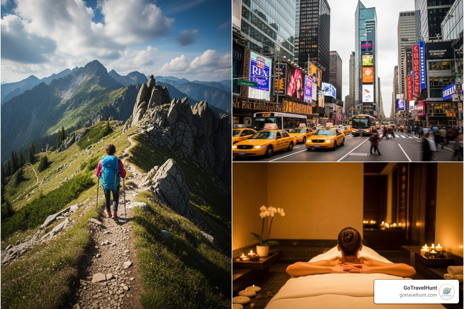 Collage of a hiker, a city street, and a person relaxing at a spa - weekend getaways near me Collage of a hiker, a city street, and a person relaxing at a spa - weekend getaways near me