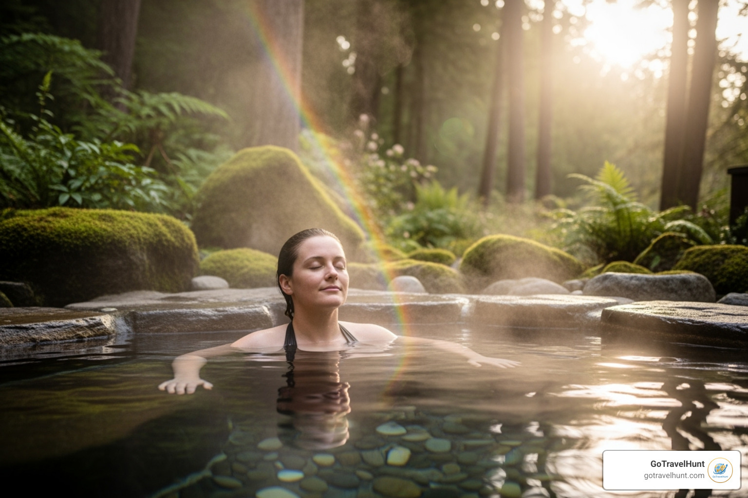A person relaxing in a hot tub in a serene natural setting - weekend getaways near me A person relaxing in a hot tub in a serene natural setting - weekend getaways near me