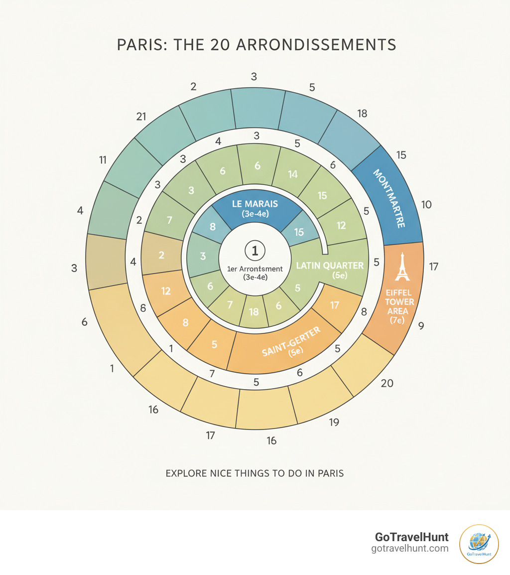 Infographic showing Paris's 20 arrondissements in a spiral pattern from the 1st in the center to the 20th on the outer edge, with key neighborhoods labeled including Montmartre (18th), Le Marais (3rd-4th), Latin Quarter (5th), Saint-Germain (6th), and Eiffel Tower area (7th) - nice things to do in paris infographic  Infographic showing Paris's 20 arrondissements in a spiral pattern from the 1st in the center to the 20th on the outer edge, with key neighborhoods labeled including Montmartre (18th), Le Marais (3rd-4th), Latin Quarter (5th), Saint-Germain (6th), and Eiffel Tower area (7th) - nice things to do in paris infographic