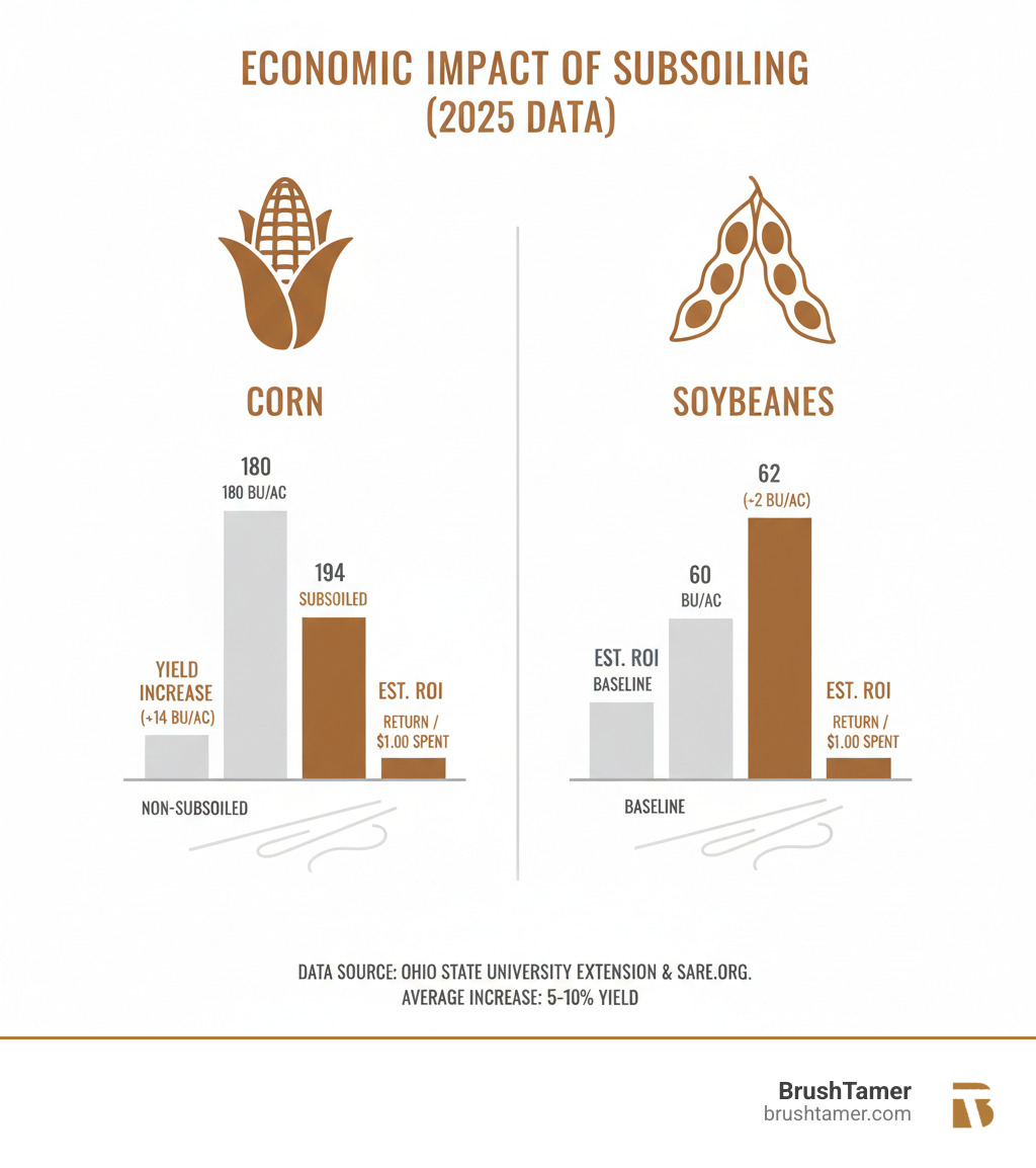 infographic comparing crop yields and estimated financial return for subsoiled vs. non-subsoiled plots for corn and soybeans, showing higher yields and better ROI for subsoiled plots - Subsoiling benefits infographic infographic comparing crop yields and estimated financial return for subsoiled vs. non-subsoiled plots for corn and soybeans, showing higher yields and better ROI for subsoiled plots - Subsoiling benefits infographic
