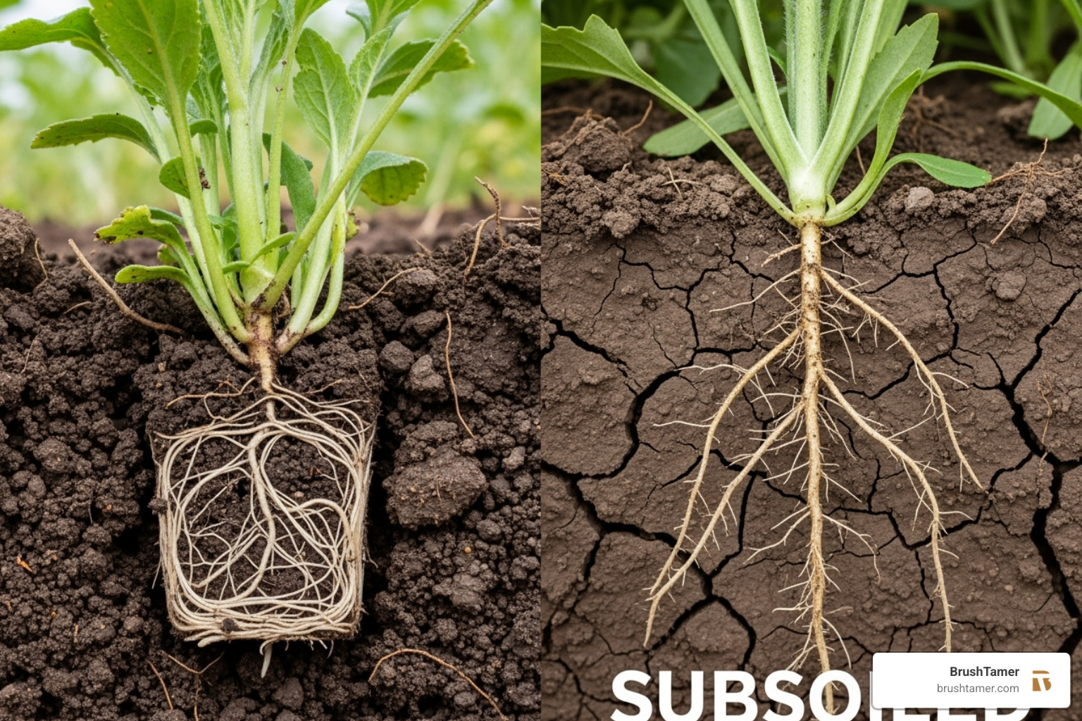 comparing stunted roots in compacted soil vs. deep roots in subsoiled ground - Subsoiling benefits comparing stunted roots in compacted soil vs. deep roots in subsoiled ground - Subsoiling benefits