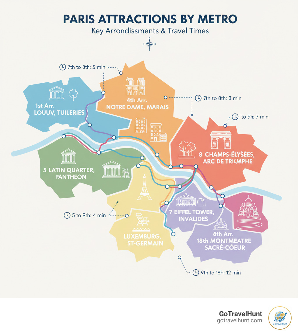 Infographic showing Paris arrondissements map with key attractions: 1st arr (Louvre, Tuileries), 4th arr (Notre Dame, Marais), 5th arr (Latin Quarter, Pantheon), 6th arr (Luxembourg Gardens, Saint-Germain), 7th arr (Eiffel Tower, Invalides), 8th arr (Champs-รlysรฉes, Arc de Triomphe), 9th arr (Opera Garnier, Galeries Lafayette), 18th arr (Montmartre, Sacrรฉ-Cลur), plus Metro lines connecting them and estimated travel times between districts - best things to do in paris infographic  Infographic showing Paris arrondissements map with key attractions: 1st arr (Louvre, Tuileries), 4th arr (Notre Dame, Marais), 5th arr (Latin Quarter, Pantheon), 6th arr (Luxembourg Gardens, Saint-Germain), 7th arr (Eiffel Tower, Invalides), 8th arr (Champs-รlysรฉes, Arc de Triomphe), 9th arr (Opera Garnier, Galeries Lafayette), 18th arr (Montmartre, Sacrรฉ-Cลur), plus Metro lines connecting them and estimated travel times between districts - best things to do in paris infographic