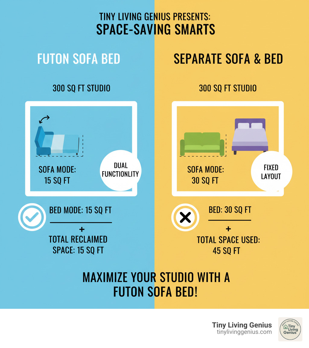 infographic comparing floor space required for a futon sofa bed versus separate sofa and bed in a 300 square foot studio apartment, showing measurements and layout diagrams - futon sofa bed small infographic 