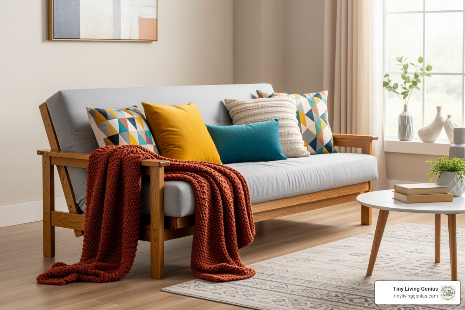 futon sofa bed styled with colorful pillows and throw blanket - futon sofa bed small