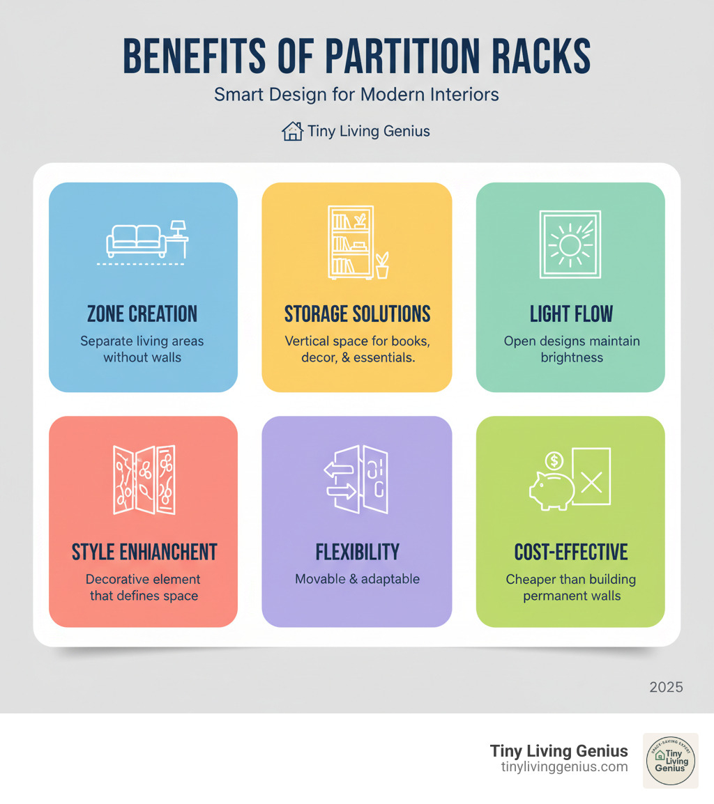 Infographic showing benefits of partition racks: Zone Creation (separate living areas without walls), Storage Solutions (vertical space for books, decor, and essentials), Light Flow (open designs maintain brightness), Style Enhancement (decorative element that defines space), Flexibility (movable and adaptable), and Cost-Effective (cheaper than building permanent walls) - partition rack design infographic 