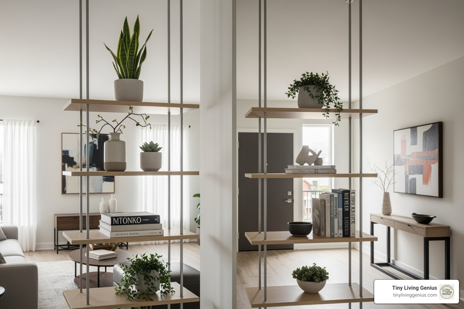 Sleek shelves suspended from the ceiling to create an airy, minimalist room division, defining an entryway. - partition rack design