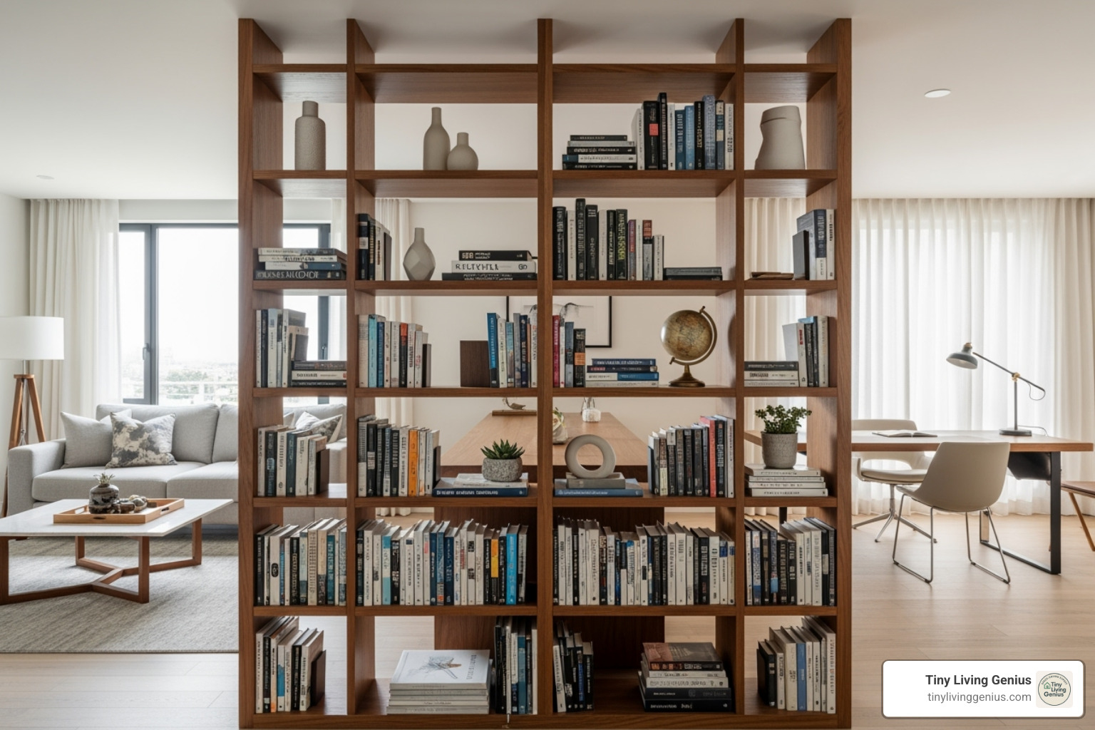 A floor-to-ceiling partition rack used as a library wall between two rooms, showcasing extensive storage and elegant division. - partition rack design