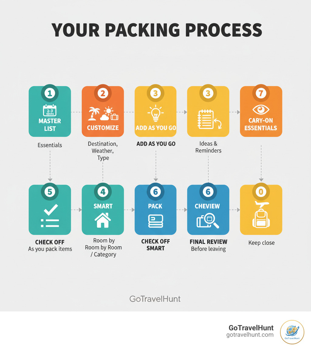 Infographic showing the packing checklist process: 1) Start with a master list of essentials 2-3 weeks before travel 2) Customize based on destination, weather, and trip type 3) Add items as you think of them 4) Pack room by room or category by category 5) Check off items as you pack 6) Do a final review before leaving 7) Keep essentials in carry-on - packing checklists infographic 
