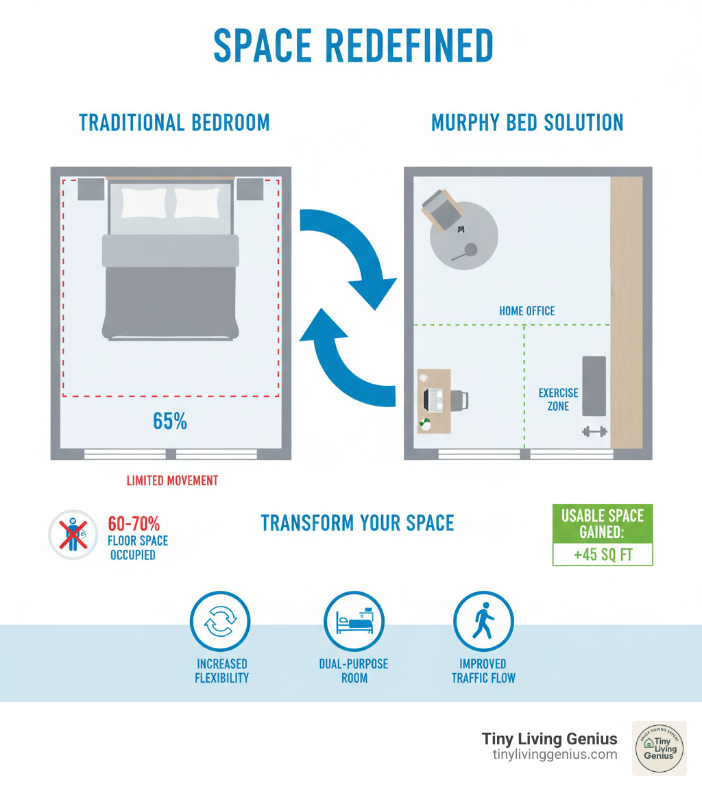Infographic showing a side-by-side floor plan comparison: Left side shows a traditional bedroom with a fixed bed taking up 60-70% of floor space, limiting movement and function. Right side shows the same room with a Murphy bed folded up into the wall, revealing clear floor space that can be used for a desk, exercise area, or seating. Arrows indicate the transformation, with measurements showing usable square footage gained (approximately 40-50 sq ft). Icons highlight key benefits: increased flexibility, dual-purpose room functionality, and improved traffic flow. - murphy bed solutions infographic 