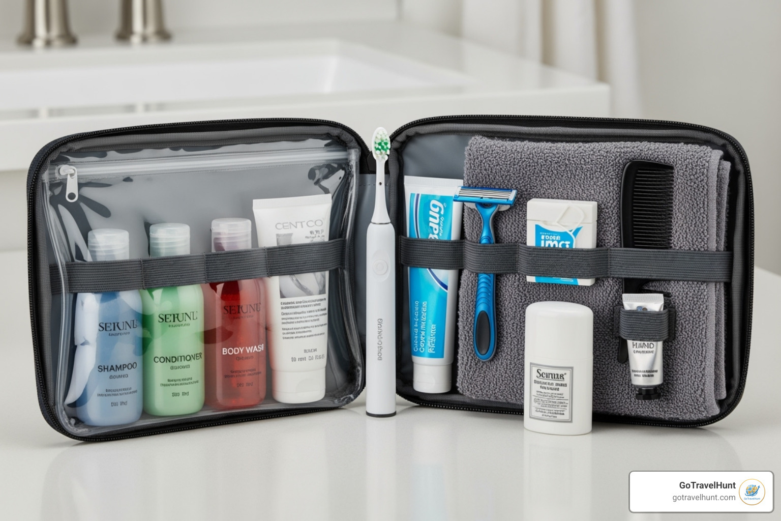 A well-organized travel toiletry bag with travel-sized bottles, toothbrush, and medication - packing checklists