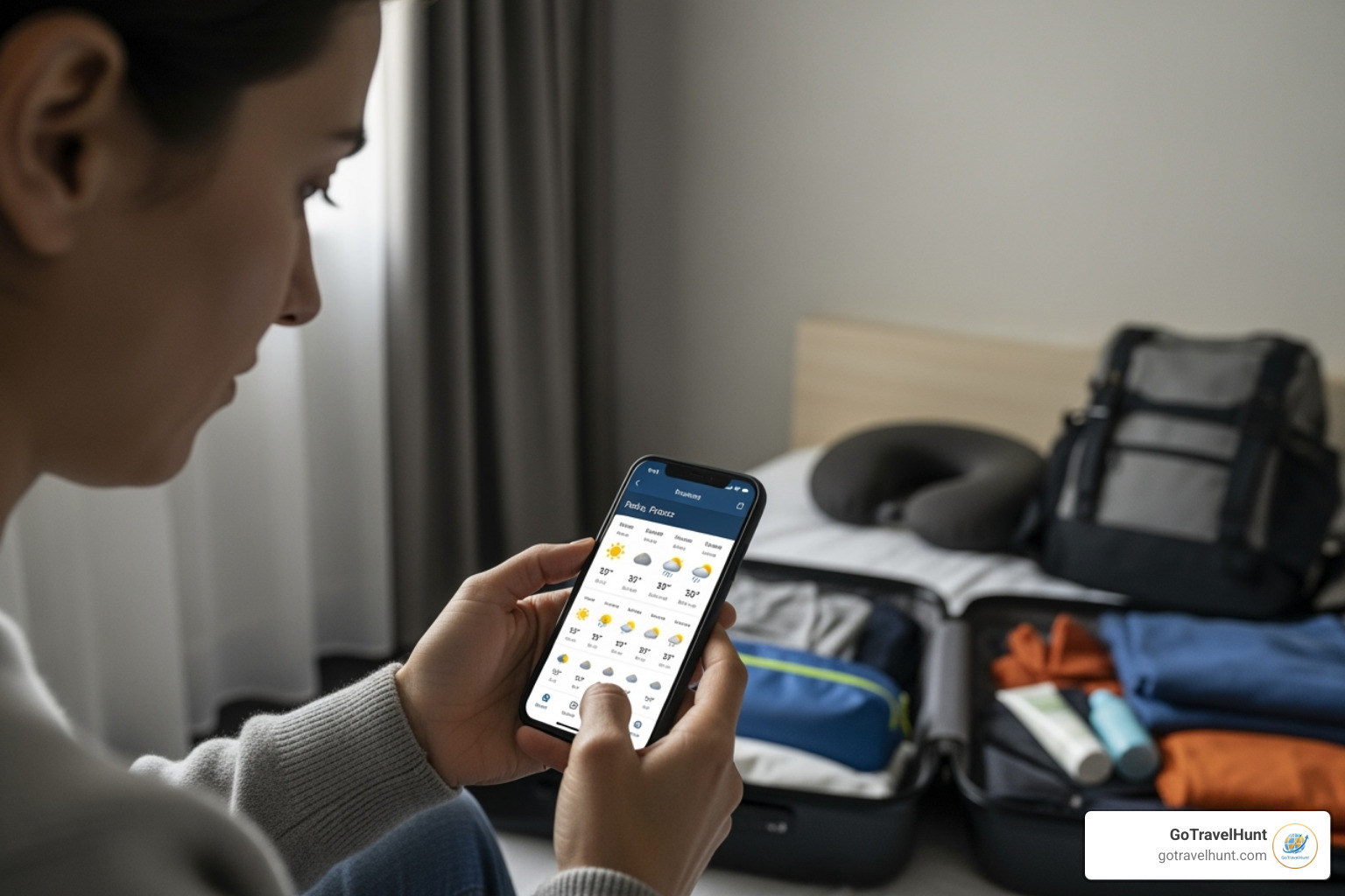A person checking the weather on their phone before packing - packing checklists