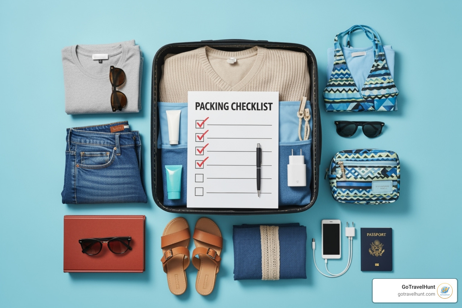 A stylish, printable packing checklist next to a pen and passport - packing checklists