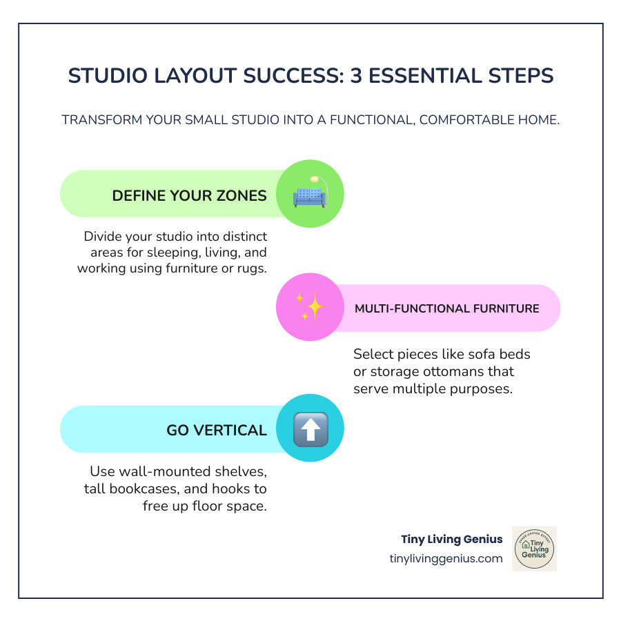 Infographic showing a studio apartment floor plan divided into three color-coded zones: a sleeping zone with bed and storage in blue, a living zone with sofa and entertainment in green, and a working/dining zone with desk and small table in yellow, with clear pathways marked between each area - small studio furniture layout infographic infographic-line-3-steps-colors