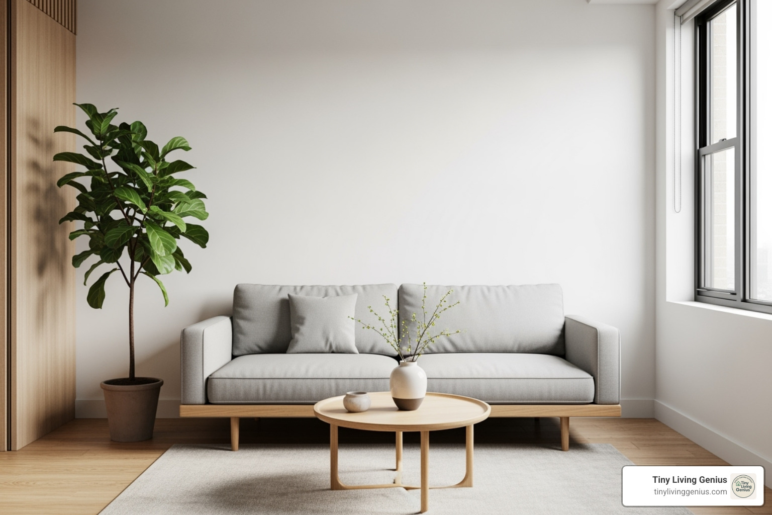 A minimalist studio apartment with a sleek, low-profile sofa, a small round coffee table, and a large plant in the corner - small studio furniture layout