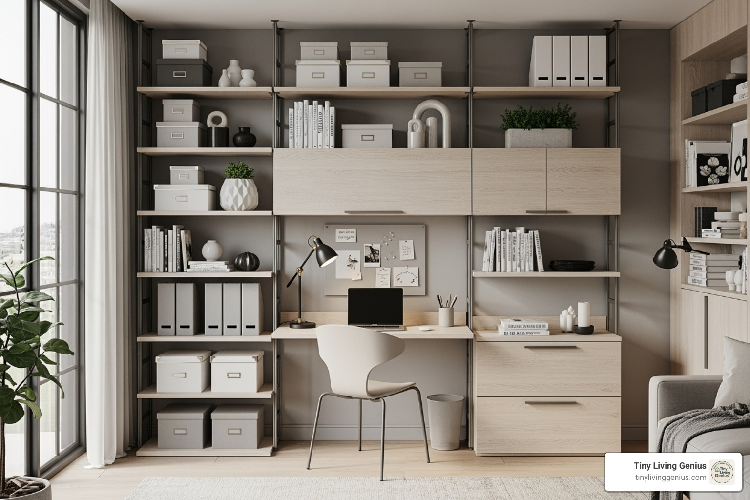 Floor-to-ceiling shelving unit with integrated desk and storage boxes, demonstrating vertical space maximization - small studio furniture layout