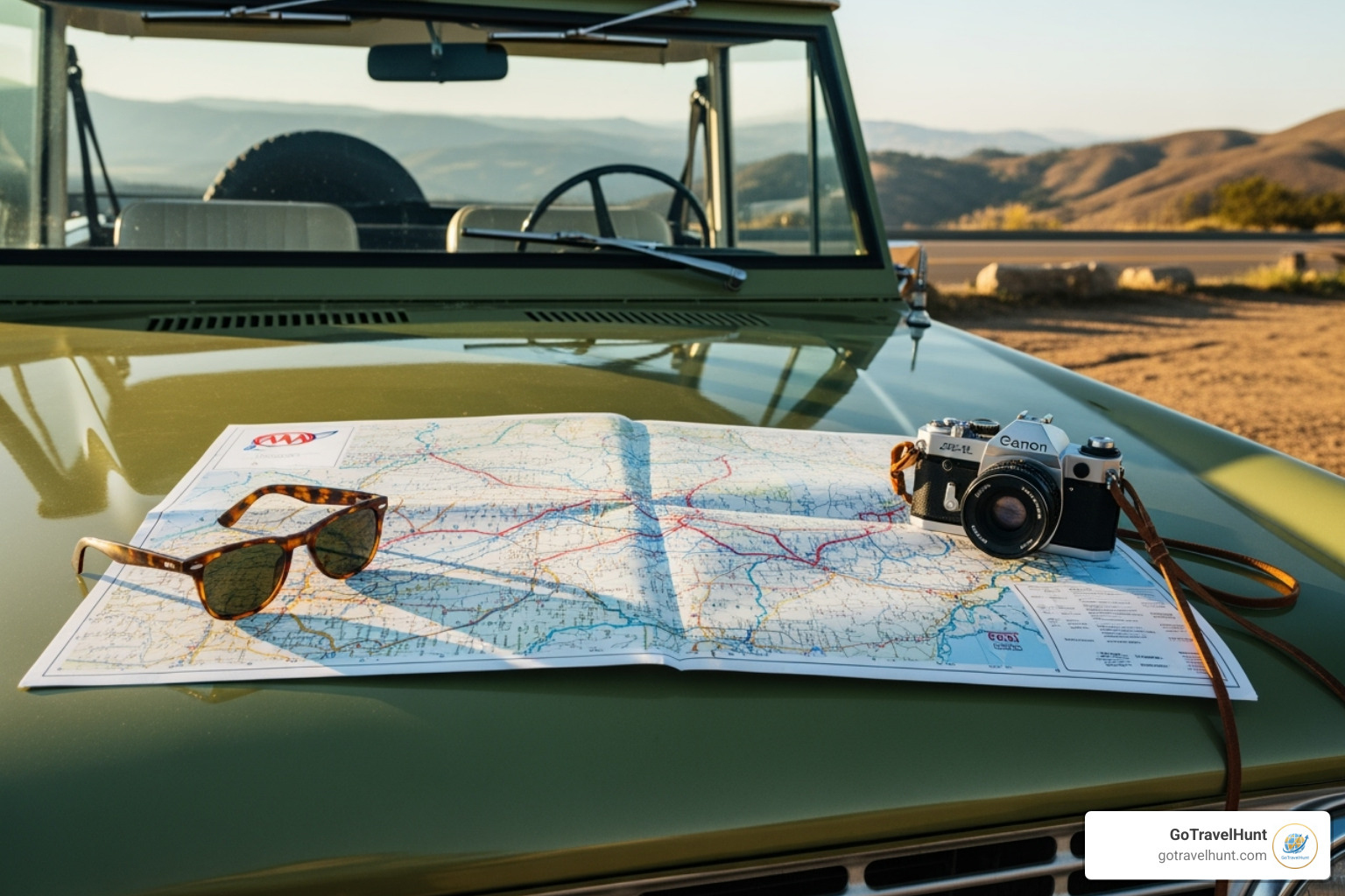 road trip map spread on a car hood with a camera and sunglasses -  best places weekend getaway
