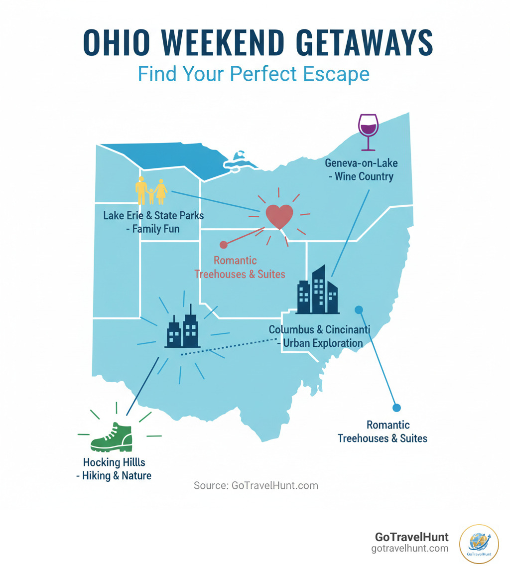 Infographic showing a map of Ohio with icons representing different types of weekend getaways: hiking boot for Hocking Hills, city skyline for Columbus and Cincinnati, heart for romantic treehouses and themed suites, family icon for Lake Erie and state park lodges, and wine glass for Geneva-on-the-Lake - weekend getaways in ohio infographic 