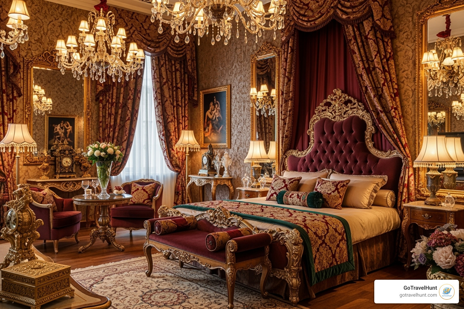 A luxuriously themed suite at Romantic Adventure Getaways, with intricate decor, a large bed, and ambient lighting, perfect for a couples' escape - weekend getaways in ohio