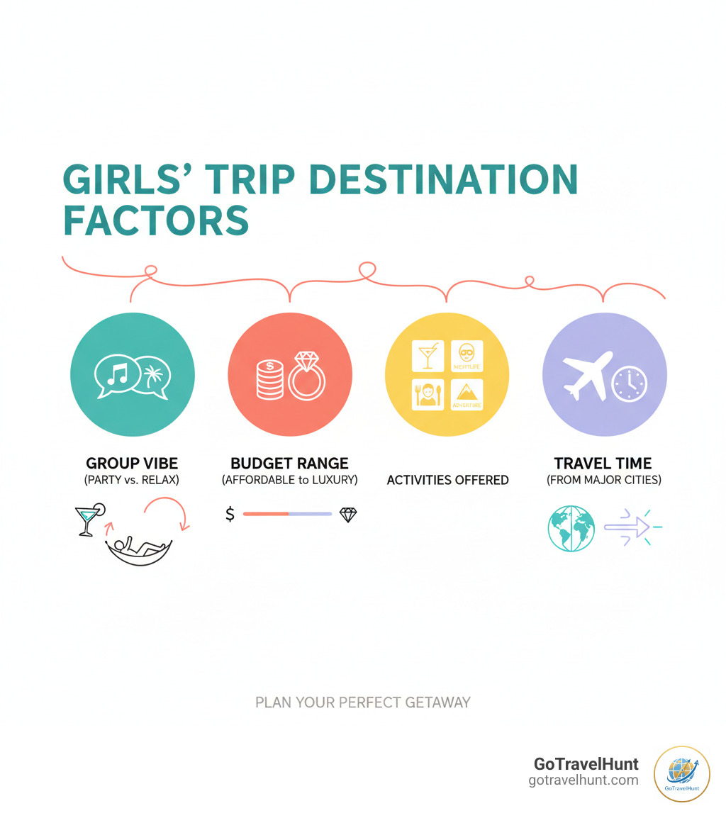 infographic showing key factors for choosing girls trip destinations: Group Vibe (party vs relax), Budget Range (affordable to luxury), Activities Offered (nightlife, food, spa, adventure), and Travel Time from major cities - best girls trip locations infographic 