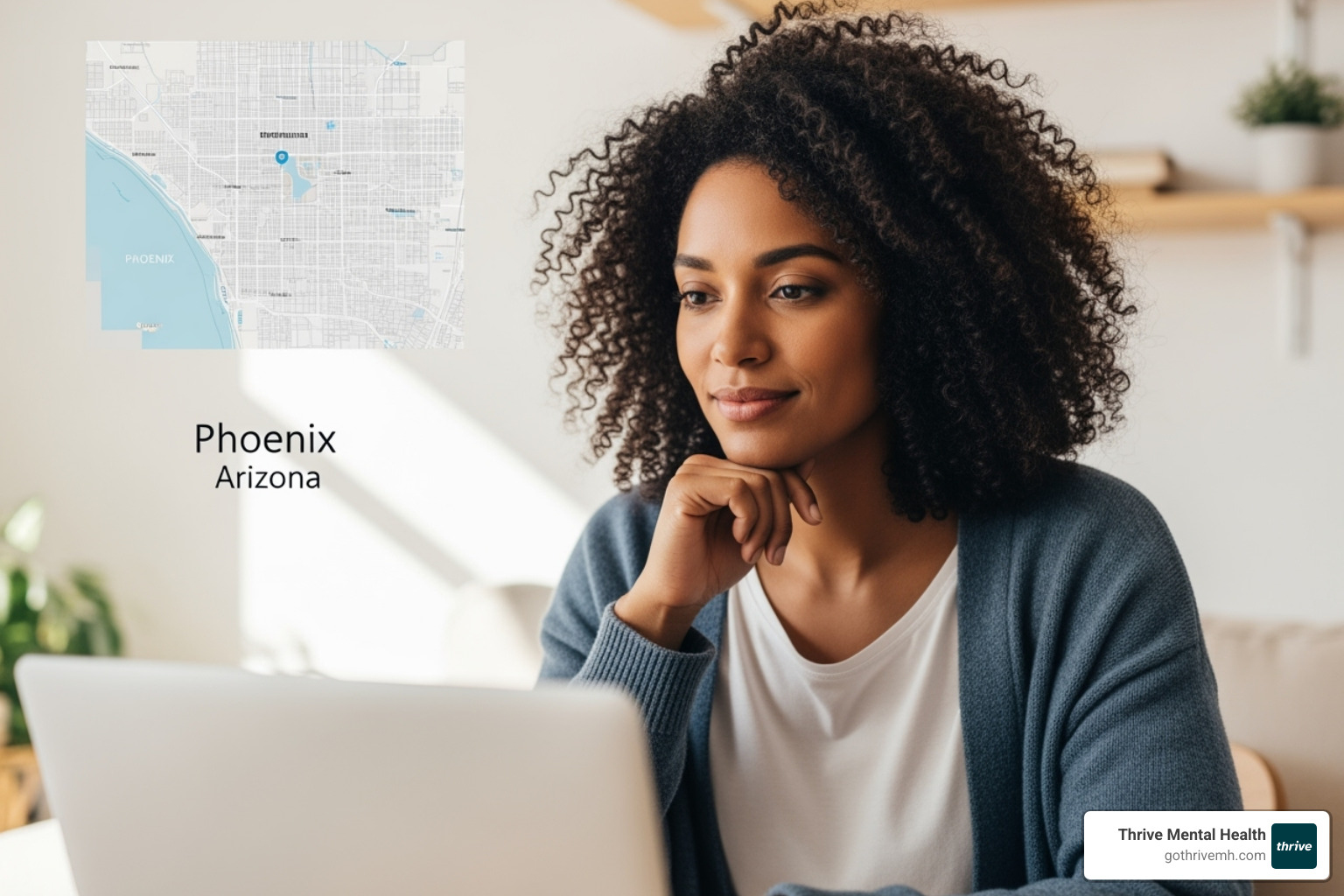 Person searching for therapy on laptop, Phoenix map in background - "Find adult intensive outpatient mental health programs near me in Phoenix, AZ
