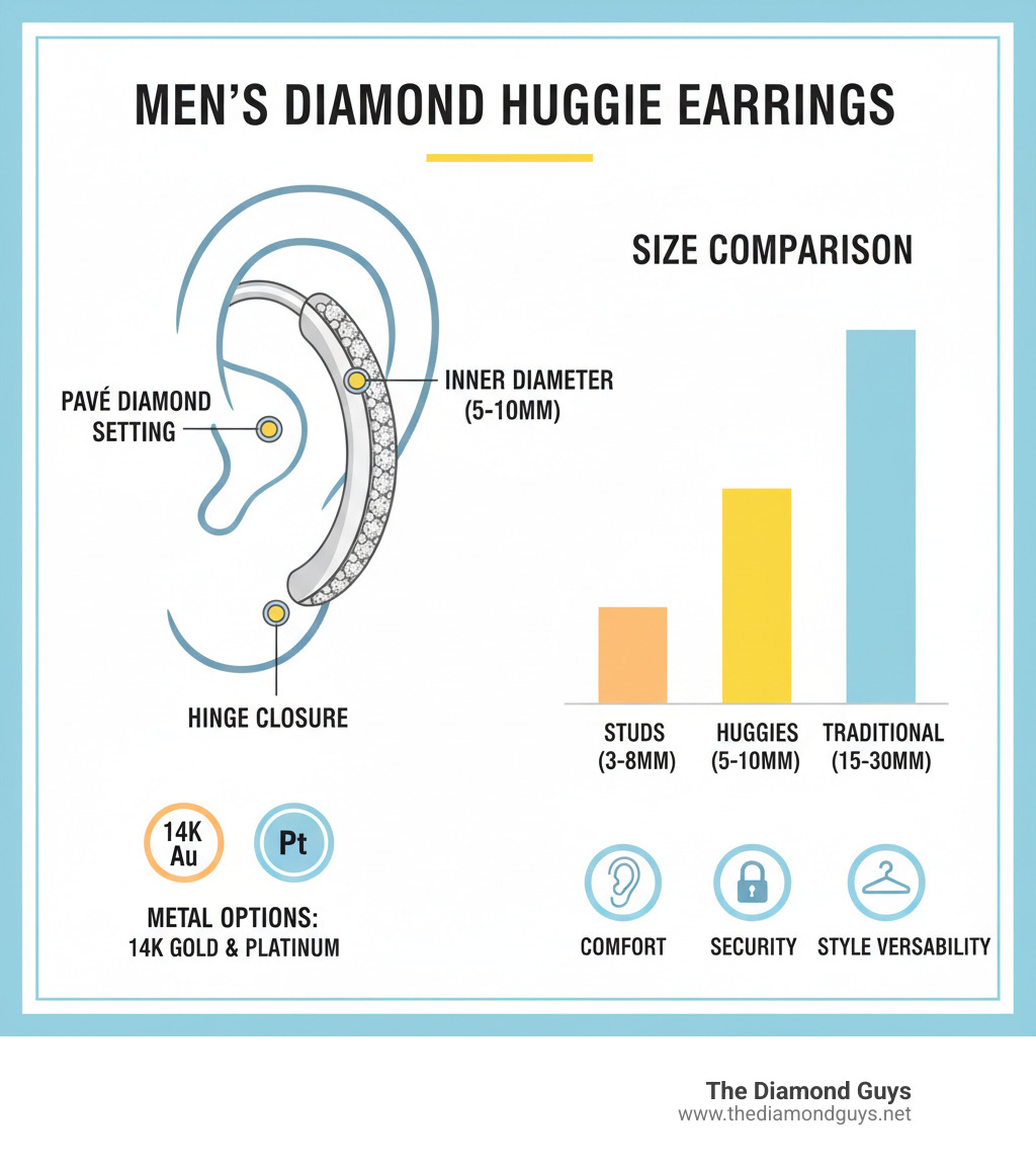 infographic showing the anatomy of a diamond huggie earring for men, including labels for hinge closure, inner diameter measurement, pavé diamond setting, metal type options (14K gold, platinum), and a size comparison chart showing huggie earrings (5-10mm) versus traditional hoops (15-30mm) and studs (3-8mm), with notes on comfort, security, and style versatility - diamond huggie earrings men infographic 