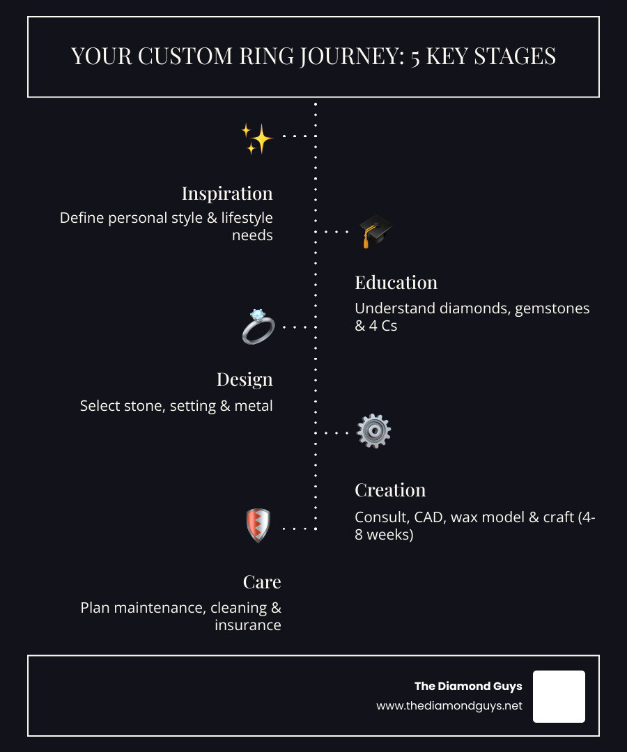 infographic showing the five key stages of custom engagement ring design: Stage 1 - Inspiration (finding your personal style and lifestyle needs), Stage 2 - Education (learning about diamonds, gemstones, and the 4 Cs), Stage 3 - Design (choosing your stone, setting, and metal), Stage 4 - Creation (consultation, CAD rendering, wax model, and final crafting over 4-8 weeks), Stage 5 - Care (maintenance, cleaning, and insurance) - design your dream engagement ring infographic infographic-line-5-steps-dark