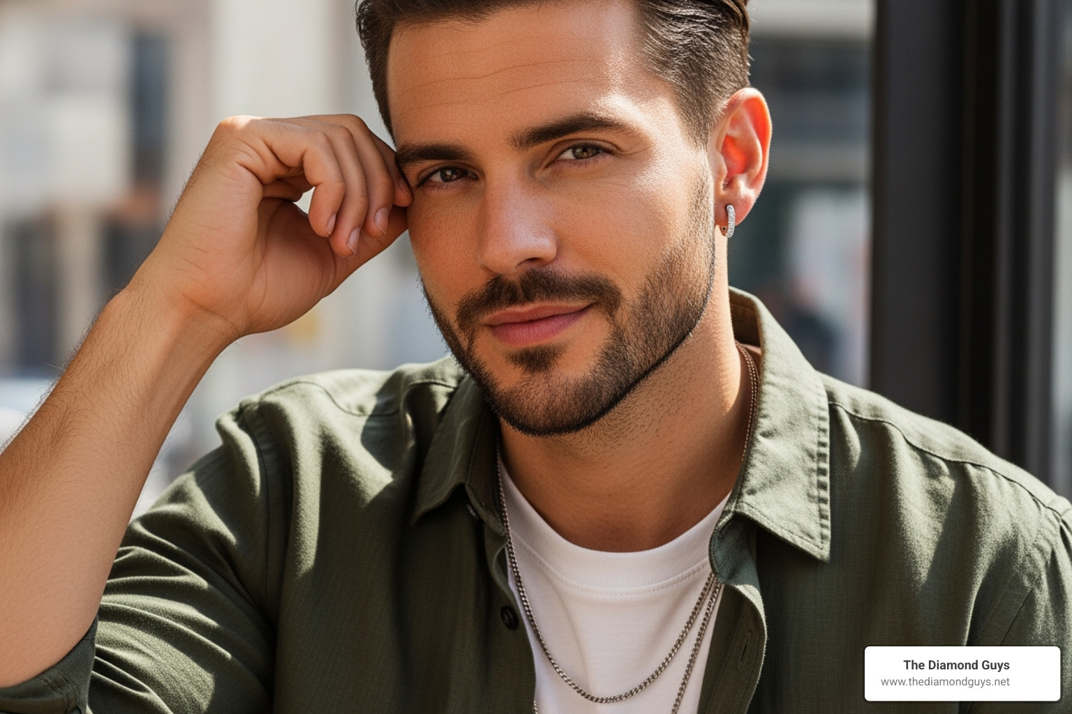 image of a man wearing a single diamond huggie earring, paired with casual yet stylish attire, highlighting its versatility - diamond huggie earrings men