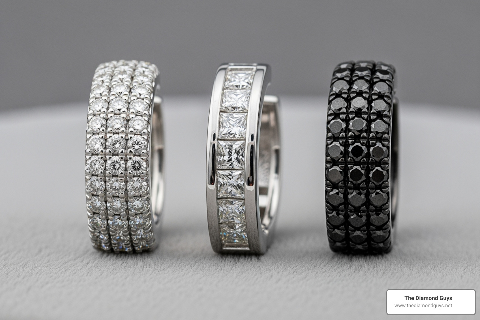 close-up shot showcasing different styles of diamond huggie earrings, including pavé, channel set, and black diamond designs - diamond huggie earrings men