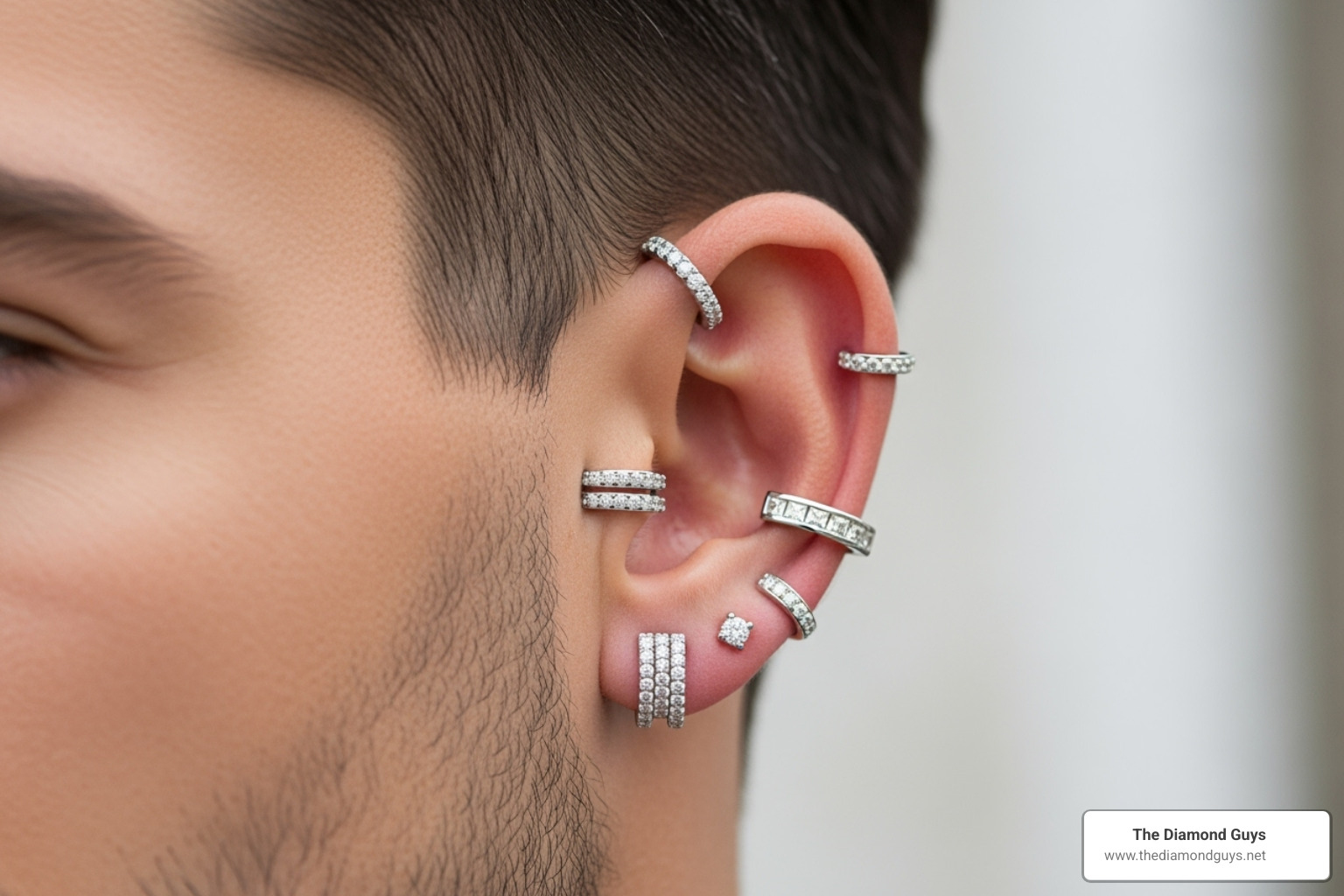 image of a man wearing different styles of diamond huggie earrings in multiple piercings, showcasing single row, double row, and channel set designs - diamond huggie earrings men