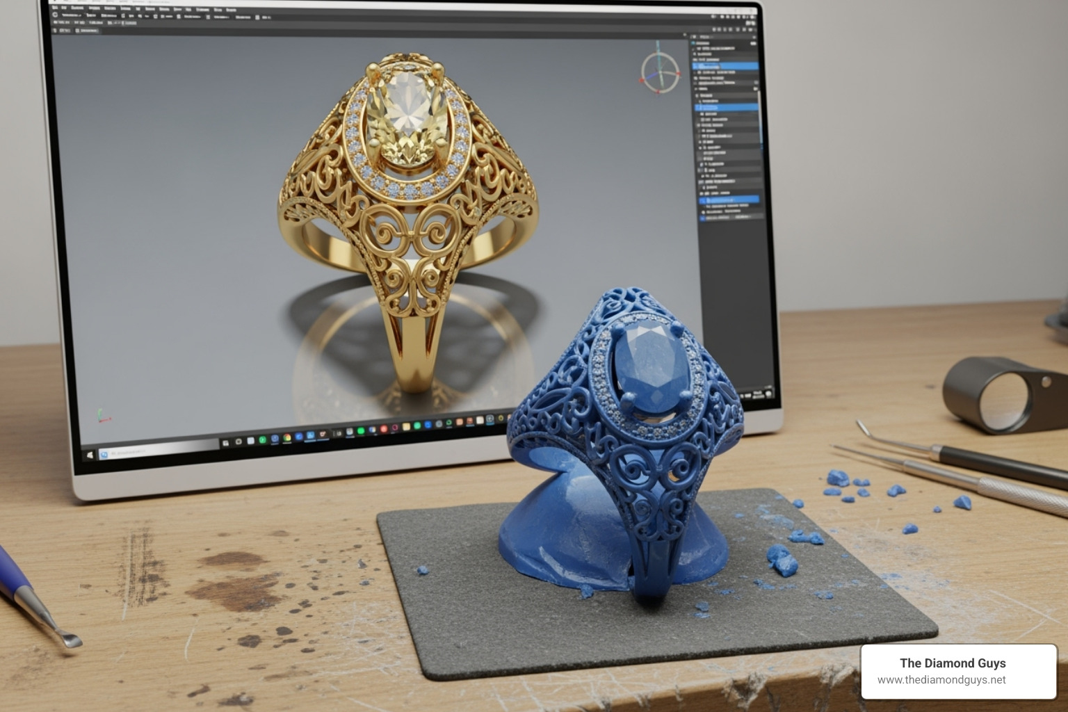 CAD design next to a physical wax model of a ring - design your dream engagement ring