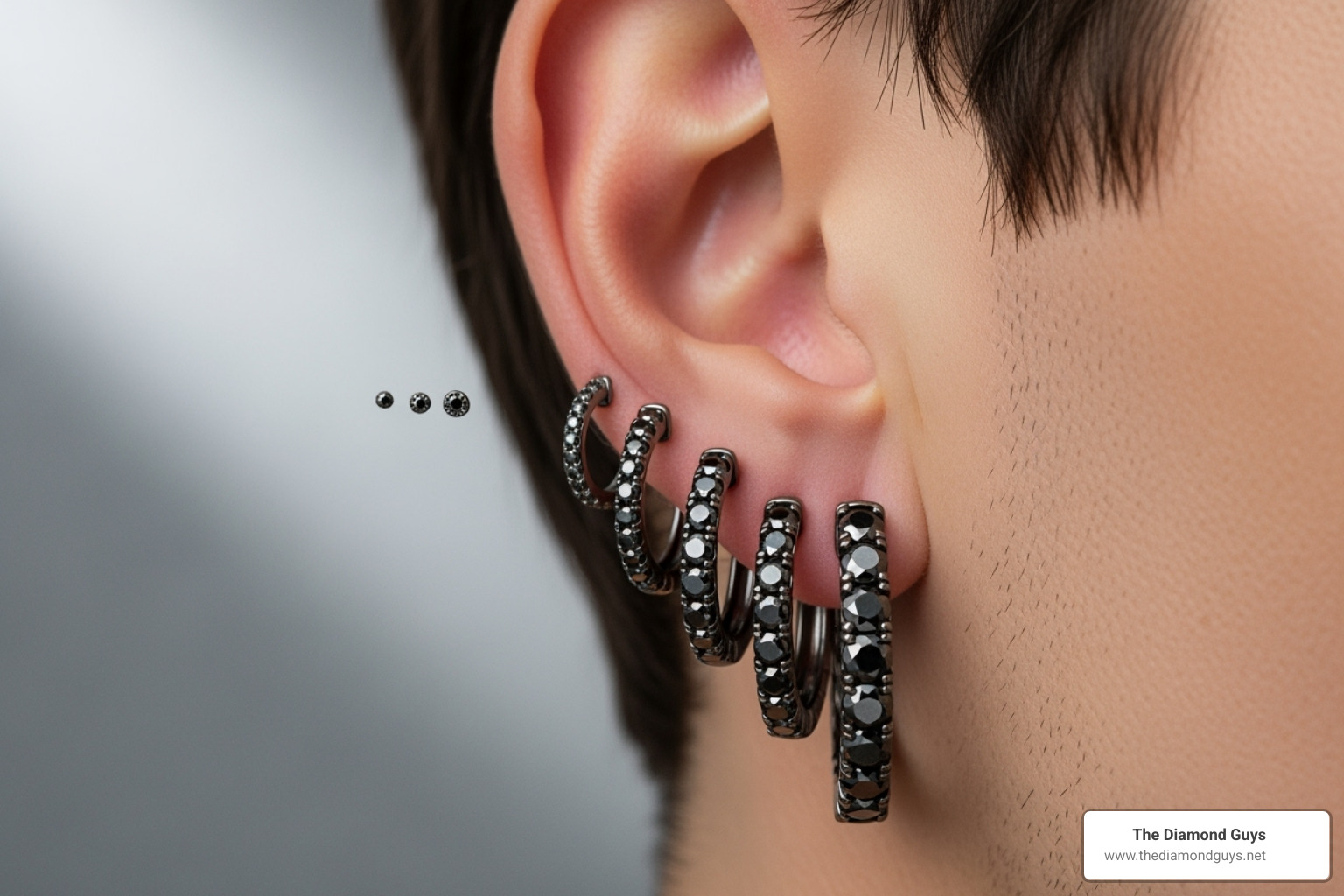 Comparison of different carat sizes of black diamond hoops on an ear, showcasing subtle to prominent looks - men's hoop earrings black diamond Comparison of different carat sizes of black diamond hoops on an ear, showcasing subtle to prominent looks - men's hoop earrings black diamond