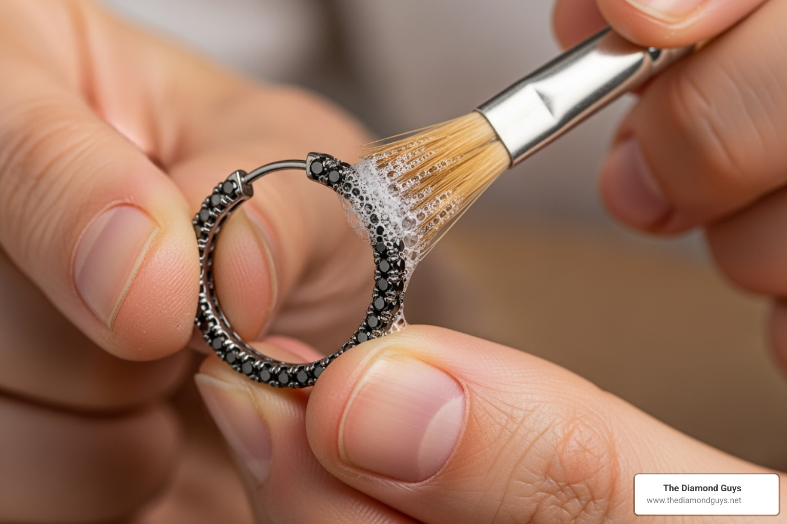 Person gently cleaning a black diamond earring with a soft brush and mild solution - men's hoop earrings black diamond Person gently cleaning a black diamond earring with a soft brush and mild solution - men's hoop earrings black diamond