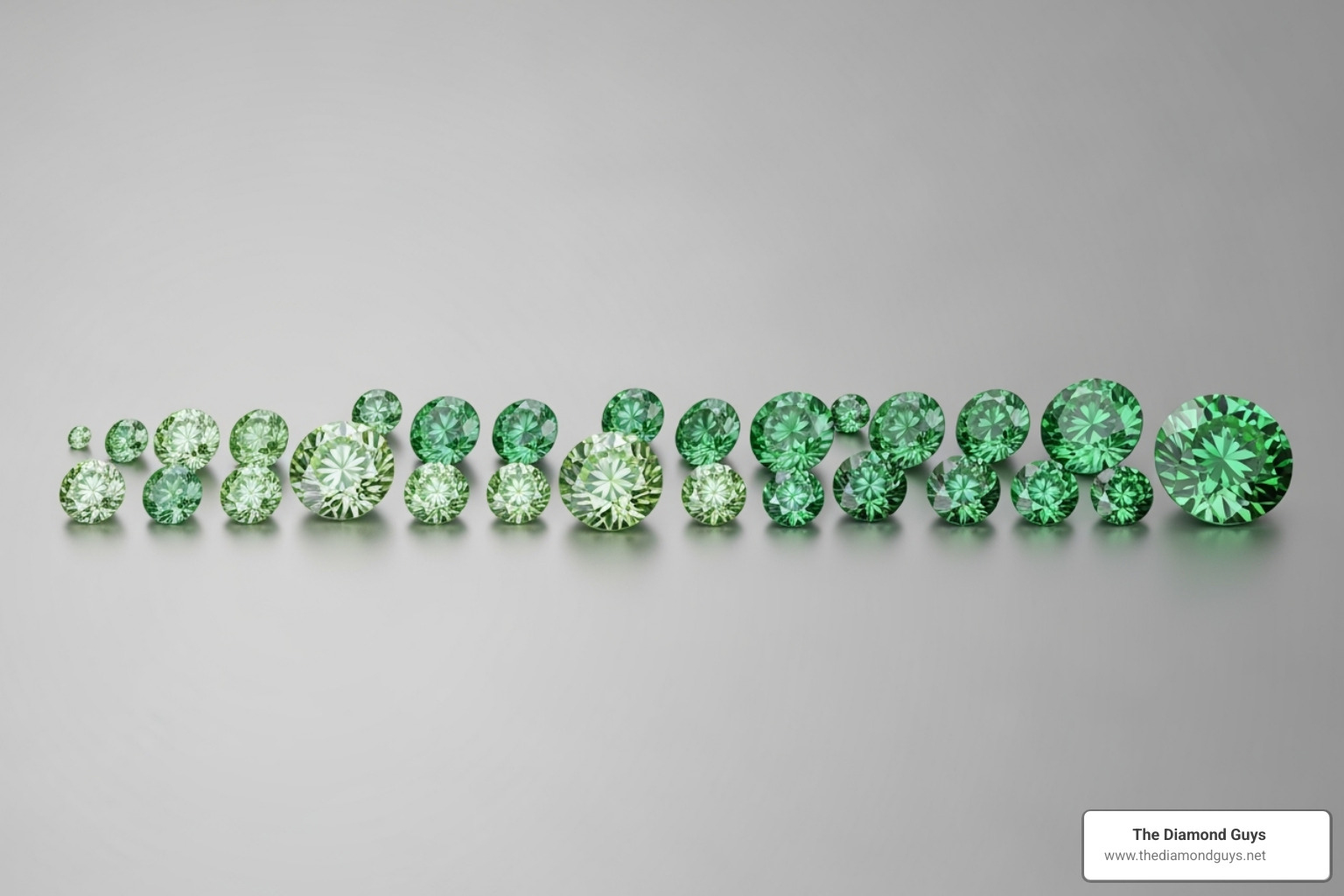 showing a gradient of green diamond color intensities from Fancy Light to Fancy Vivid. - lab created green diamond