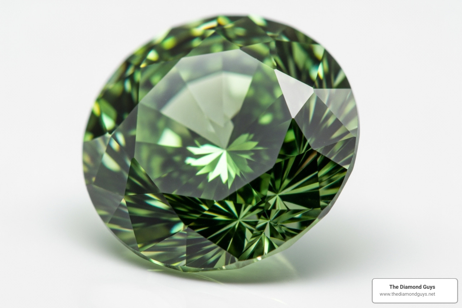 of a loose, brilliant-cut lab-created green diamond on a white background. - lab created green diamond